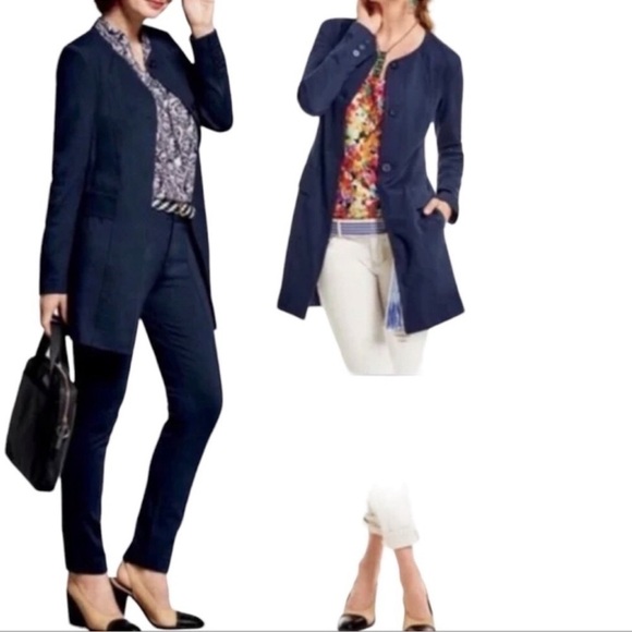 Cabi Coat Women Small Mid Length Sweater The Lido jacket Blue Long Ponte Knit F - Picture 2 of 8